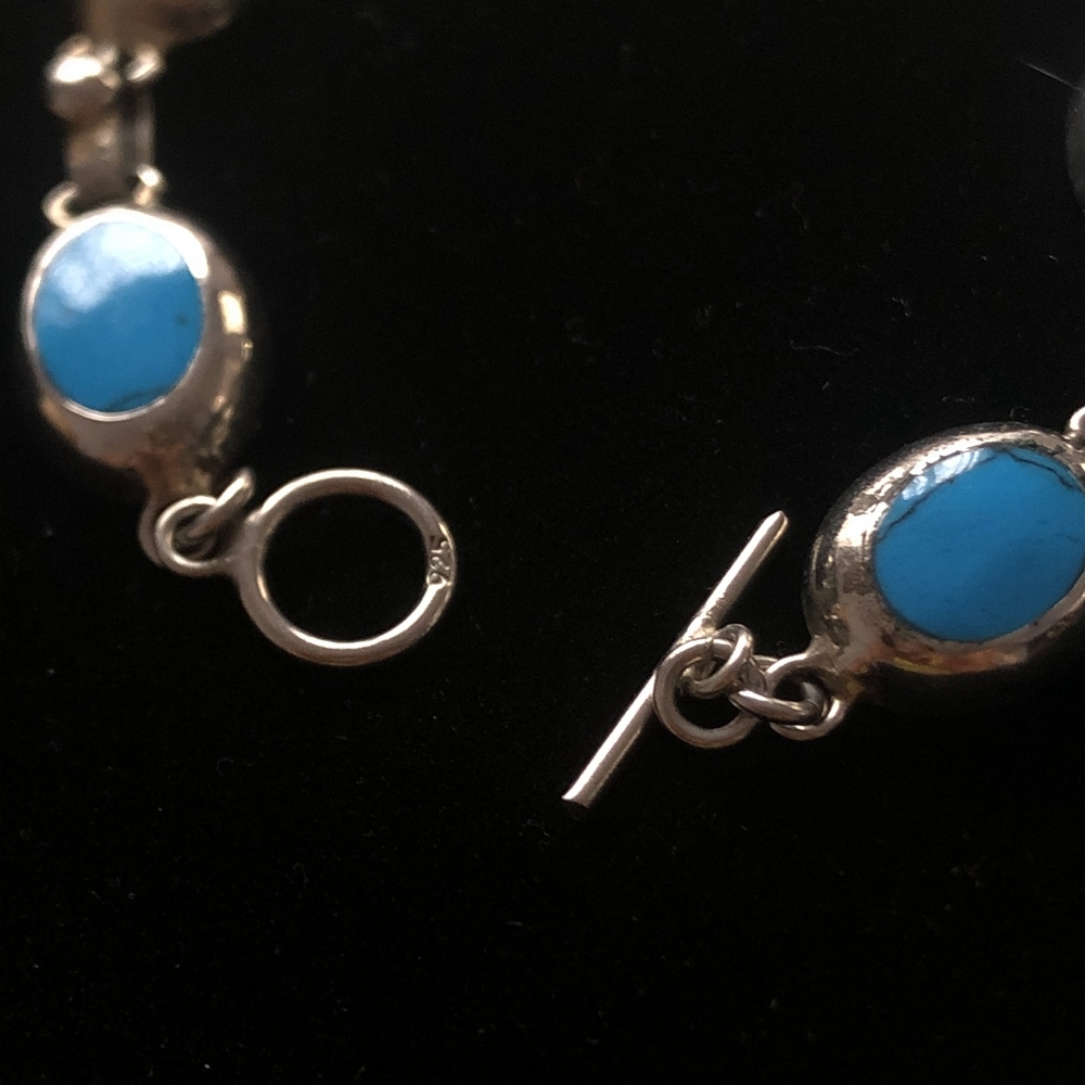 Vintage Mexico 925 Sterling Turquoise Cabochon 7" Bracelet . Only Turquoise One - Picture 5 of 10